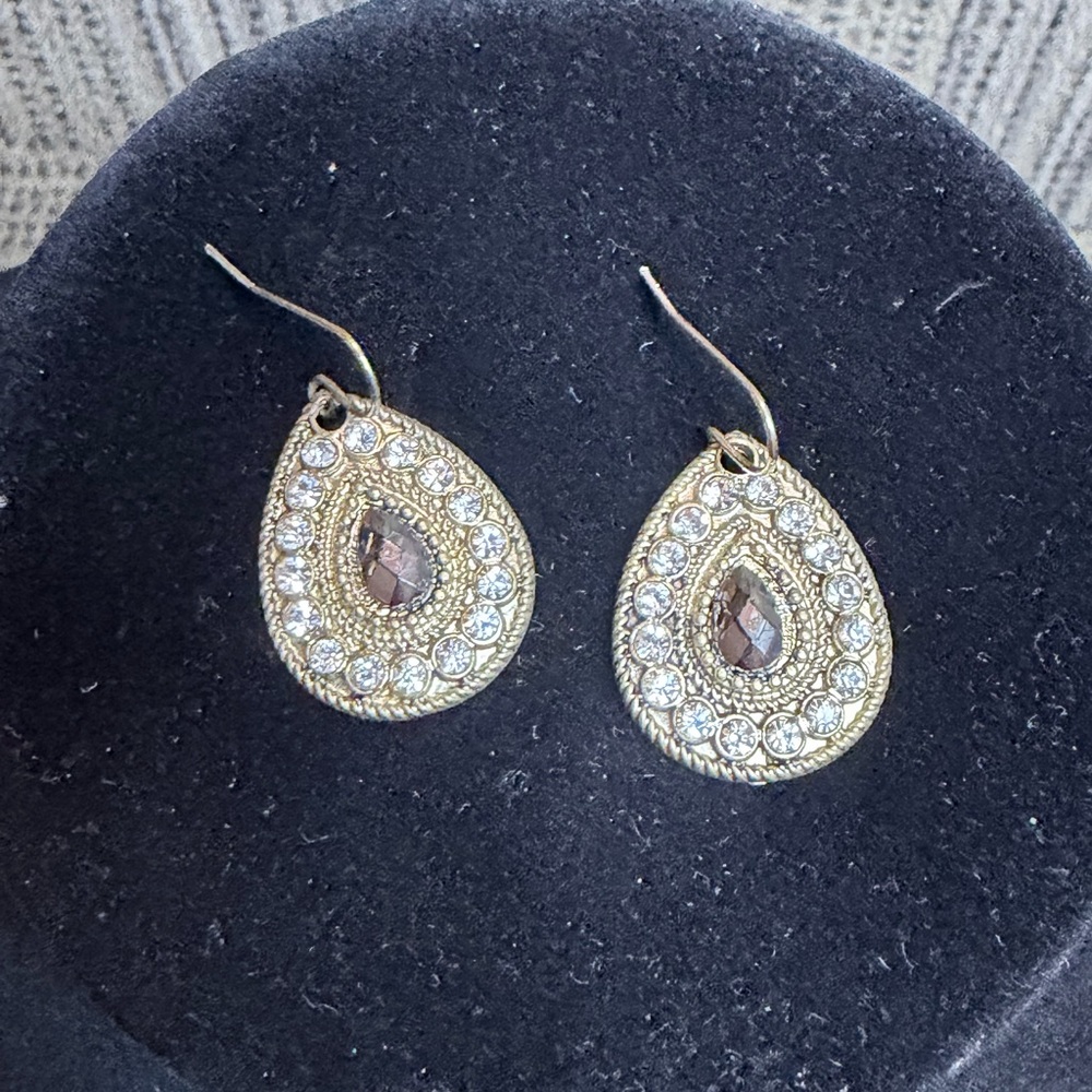 Gold  Brown Teardrop Crystal Dangle Earrings
